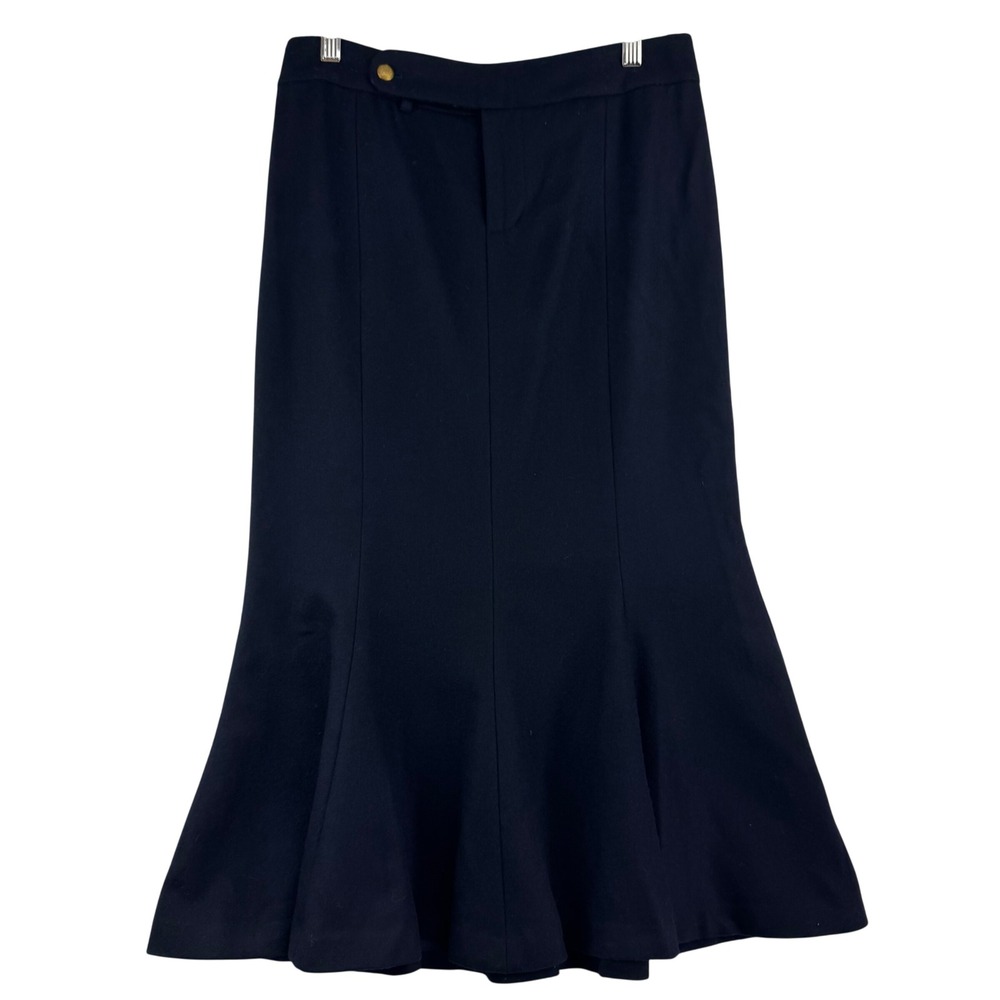 Lauren Ralph Lauren Black Wool Mermaid Midi Skirt Gold Crest Button 4